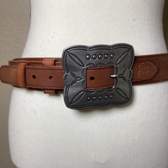 Vintage Brown Leather Belt Women's Solid Large Buckle, Double Layer Harness Belt - Picture 2 of 8